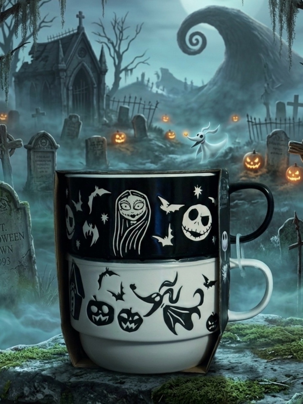 🦇 Night Before Christmas Black & White Halloween Stackable Ceramic Mugs Set 🦇
